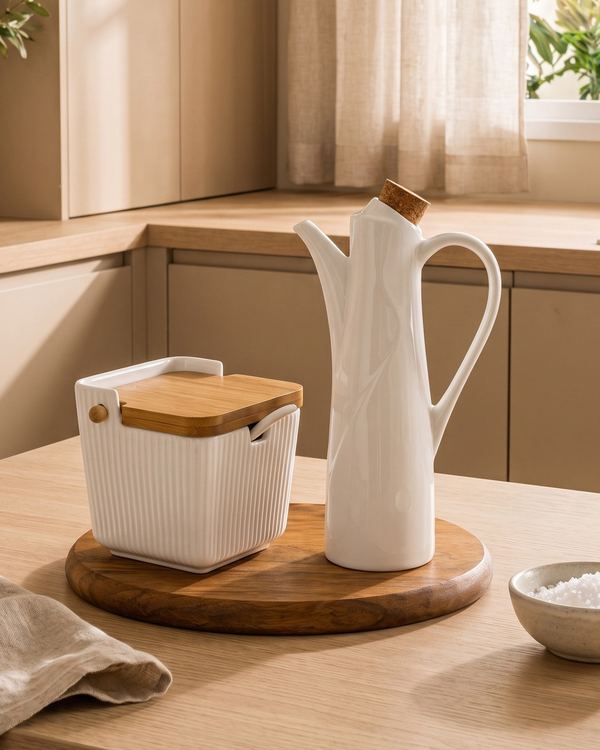 Kit saleiro e azeiteiro de porcelana com tampa de bambu